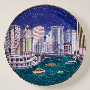 Anthropologie Holiday in the City Stoneware Dessert Plate Chicago 2025